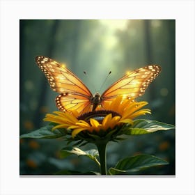 A Mystical Butterfly With Crystal Wings, Resting On A Giant Sunflower In A Dreamlike Forest Canvas Print