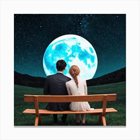 Couple Sitting On Bench Under Moon Canvas Print