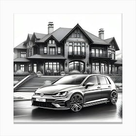 A Pencil Drawing Of A Vw Golf 8 R In Front Of A Beautiful Modern Mansion 1 Leinwandbild