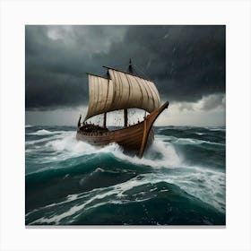 Viking Ship In Stormy Sea Canvas Print