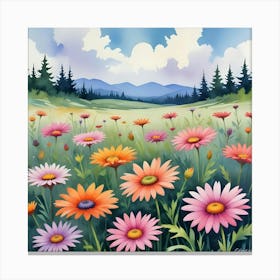 Watercolor Painting Of A Spring Wildflower Meadow Canvas Print