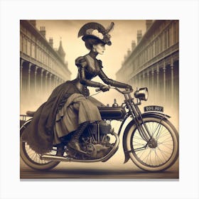 Motorbike Girl From A Bygone Era 2/4 (victorian black and white sepia woman female lady cycle wheels exciting) Canvas Print