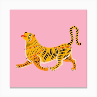 Happy Tiger Pink Square Canvas Print