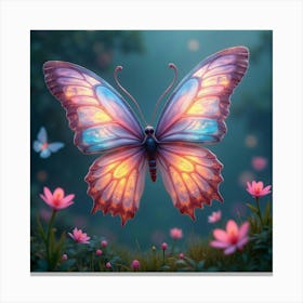 A Dreamy Butterfly With Wings Of Cascading, Neon Ribbons Fluttering Through A Magical Meadow Canvas Print