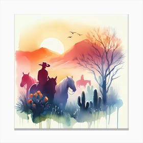 Watercolor Cowboys In The Desert 3 Canvas Print