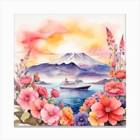 Watercolor Of A Cruise Ship And Flowers Canvas Print