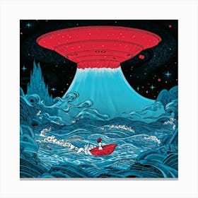 Hand Drawn Illustration Of A Fantasy Inspired Scene Unfolding Over An Endless Sea A Miniature Ufo H Canvas Print