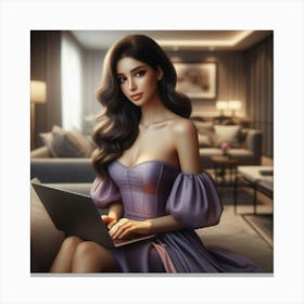 Asian Woman With Laptop Canvas Print