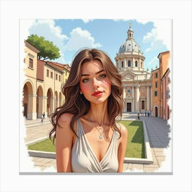 Charming Italian Woman In Watercolor, With A Classic Roman Architecture Backdrop Canvas Print