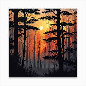 Sunset In The Forest 5,   Forest bathed in the warm glow of the setting sun, forest sunset illustration, forest at sunset, sunset forest vector art, sunset, forest painting,dark forest, landscape painting, nature vector art, Forest Sunset art, trees, pines, spruces, and firs, orange and black.  Canvas Print