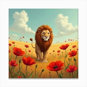 Lion In A Meadow Of Poppies 1 Canvas Print