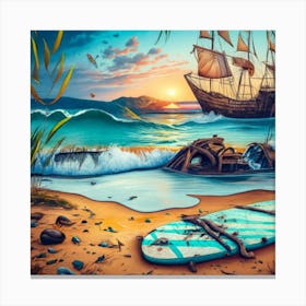 Beach Scene Sailing Ship Wreck In The Foregroun 1 Canvas Print