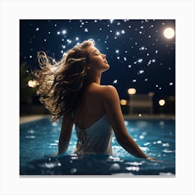 Beautiful Woman In The Pool At Night Canvas Print