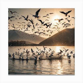 Seagulls Flying Over Lake Canvas Print