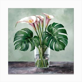 watercolor calla lilies and monstera, painting Canvas Print