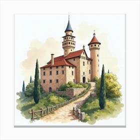 Artistic Watercolor Of An Italian Medieval Castle With Historical Charm 1 Canvas Print