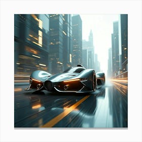 Futuristic Formula Car With Aerodynamic Design Speeding Past Sci Fi Buildings 1 Canvas Print