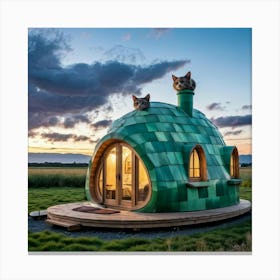 Perspective View Of A Whimsical Cat Shaped House Resembling An Animated Feline Frozen In A Playful Canvas Print