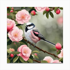 Long-tailed tit with camelias Canvas Print