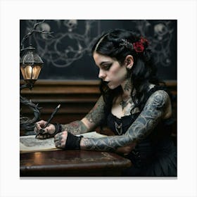 A Captivating Image Of A Realistic Goth Girl With Intricate Black And Gray Tattoos Adorning Her Arms. Canvas Print