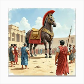 Watercolor The Trojan Horse In A Historical Greek Setting 1 Canvas Print