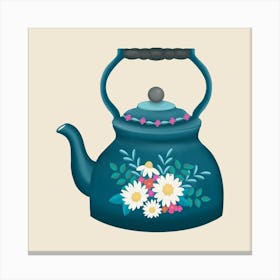 Cottagecore Floral Kettle In Teal Square Canvas Print