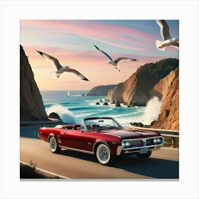 An Image Of A Vintage Red Convertible Driving Along A Winding Coastal Road At Sunset, With The Ocean Waves Crashing Against Rugged Cliffs And Seagulls Soaring In The Sky 2 Canvas Print