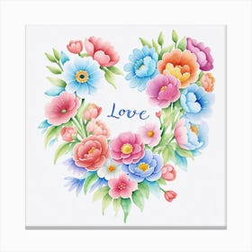 Watercolor Heart With Flowers Canvas Print
