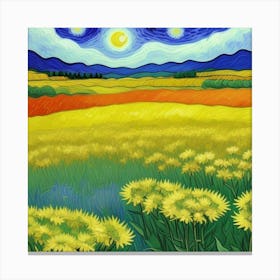 Starry Night In The Sunflower Field Canvas Print