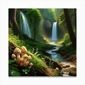 Waterfall And Mushrooms Canvas Print