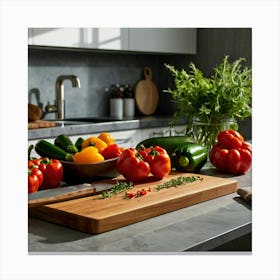 Kitchen With Vegetables On A Cutting Board Canvas Print