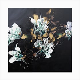 White And Green Flowers Black Background Painting Square Canvas Print