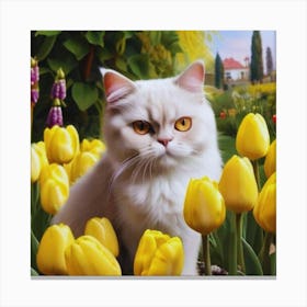 White Cat In Tulips Canvas Print