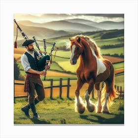 Scottish Bagpiper And Horse Canvas Print