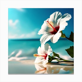 Blue Sea on the Beach with White Hibiscus Flowers Canvas Print
