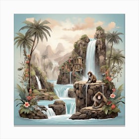 Waterfall and monkeys 3 Canvas Print