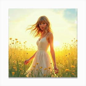 Watercolor Image Of Taylor Swift In A Sunlit Meadow, Flowers Softly Glowing Canvas Print