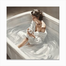 Woman Thinking in Bathtub & Robe Canvas Print