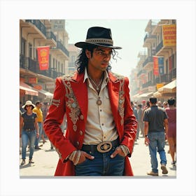 Michael Jackson In A Watercolor Festive Street Scene 1 Canvas Print