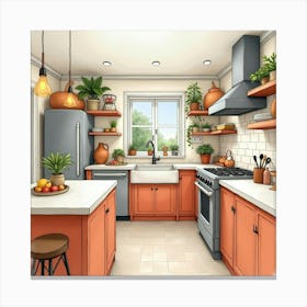 Cozy Watercolor Kitchen, Warm Hues, And Inviting Design 1 Canvas Print