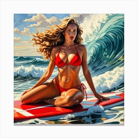 Woman Surfer, Riding a Wave Cubism Style Canvas Print