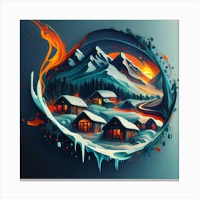 Abstract painting of a mountain village with snow falling 23 Canvas Print