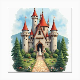 Regal Queen In A Magical Castle, Watercolor Style 1 Canvas Print