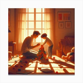 Father And Son Playing With Blocks Canvas Print