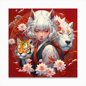 Asian wolf Girl With Tigers and flowers Canvas Print