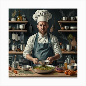 An art print featuring a detailed and emotive portrait of a passionate chef in a bustling kitchen, surrounded by the warmth of cooking utensils and aromatic ingredients. This culinary-inspired art print captures the essence of gastronomy and is perfect for food enthusiasts, adding a touch of culinary artistry to home decor. Canvas Print