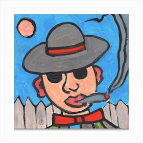 Smoker By The Fence - hand painted man person hat sky face portrait Canvas Print