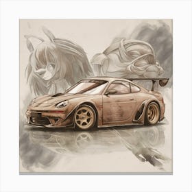Porsche 911 A captivating and dreamy watercolor illustration featuring acut car anthropomorphic , created in the vintage, hyper-realistic and expressive style of Studio Ghibli anime. The illustration is presented in a loose, elegant and neutral color palette, with light and glossy finishes. The character is depicted in side view, displaying intricate details and expressive features. This art is reminiscent of the styles of Hajime Sorayama, Damien Hirst, Quentin Blake, Alberto Vargas, and Zdzislaw Beksiński. The overall atmosphere of the piece is dark fantasy with a touch of whimsy and creative feelings., illustration, dark fantasy, anime, drawing Model Canvas Print