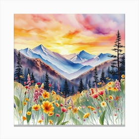 Watercolor Of Mountains And Flowers 2 Canvas Print