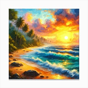 Oil Texture Tropical Beach At Sunset 5 Canvas Print